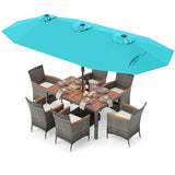 Muebles de comedor de mimbre para exterior de 8 piezas y sombrilla de patio de doble cara de 13.5 pies
