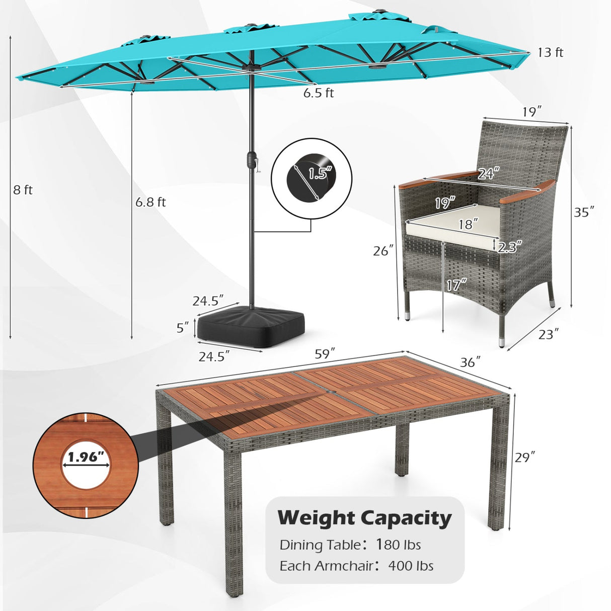 Muebles de comedor de mimbre para exterior de 8 piezas y sombrilla de patio de doble cara de 13.5 pies