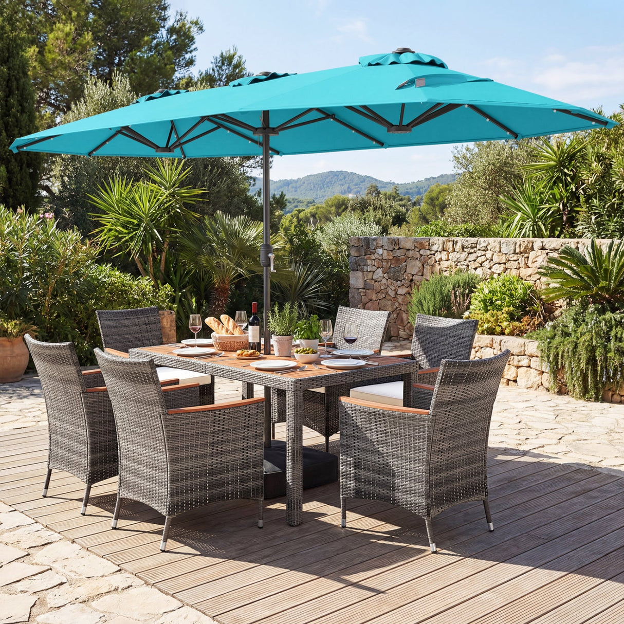 Muebles de comedor de mimbre para exterior de 8 piezas y sombrilla de patio de doble cara de 13.5 pies