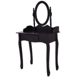 Wooden Vanity Makeup Set with Cushioned Stool and Oval Rotating Mirror