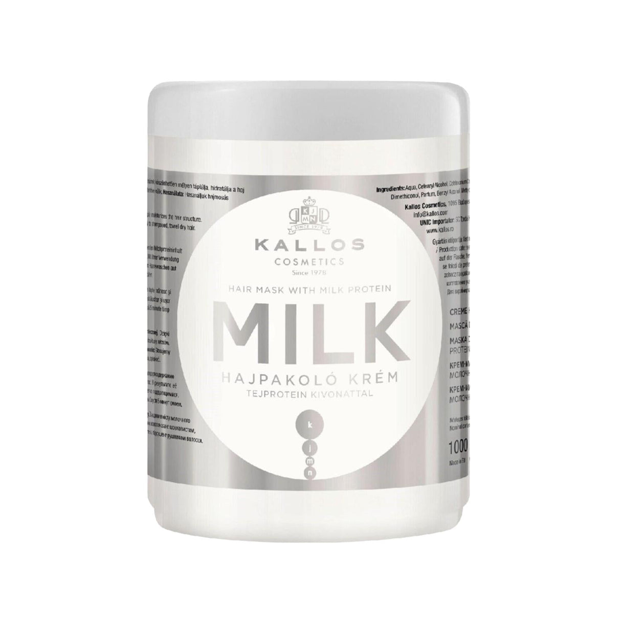 Kallos Cosmetics Milk Protein Hair Care Mask 1000ml - Nourishing & Moisturizing Protein-Based Formula for Dry & Damaged Hair