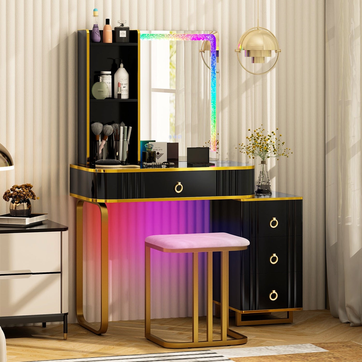 Juego de tocador con luces LED RGB y estación de carga inalámbrica