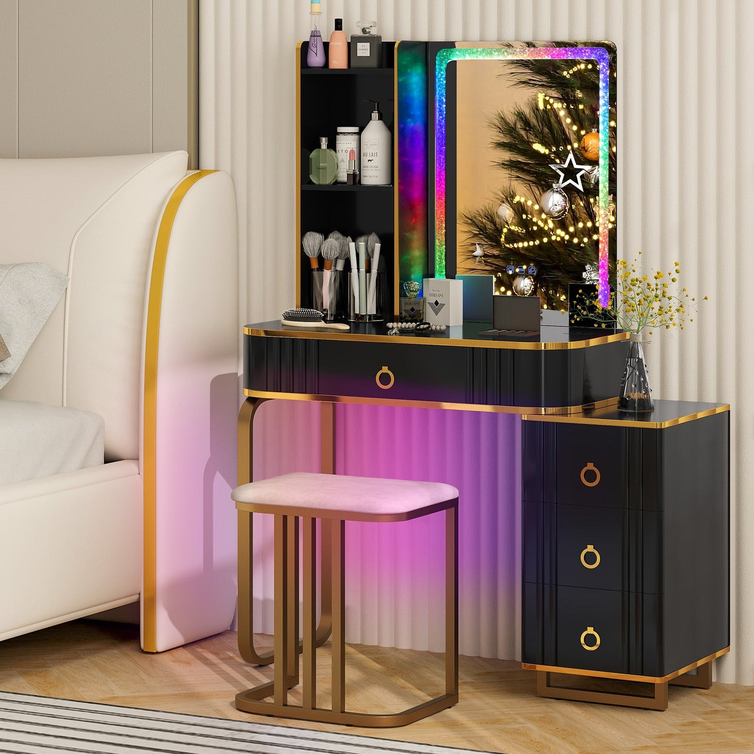 Juego de tocador con luces LED RGB y estación de carga inalámbrica