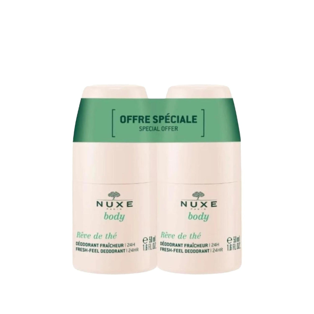 Nuxe Body Reve De The: Fresh Tea, Alcohol-Free Roll-On Deodorant - Long Lasting Odor Protection & Gentle for Sensitive Skin (2x50ml)