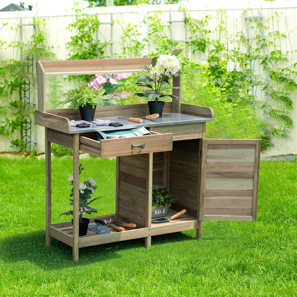 Banco de trabajo de madera para jardín, mesa de trasplante