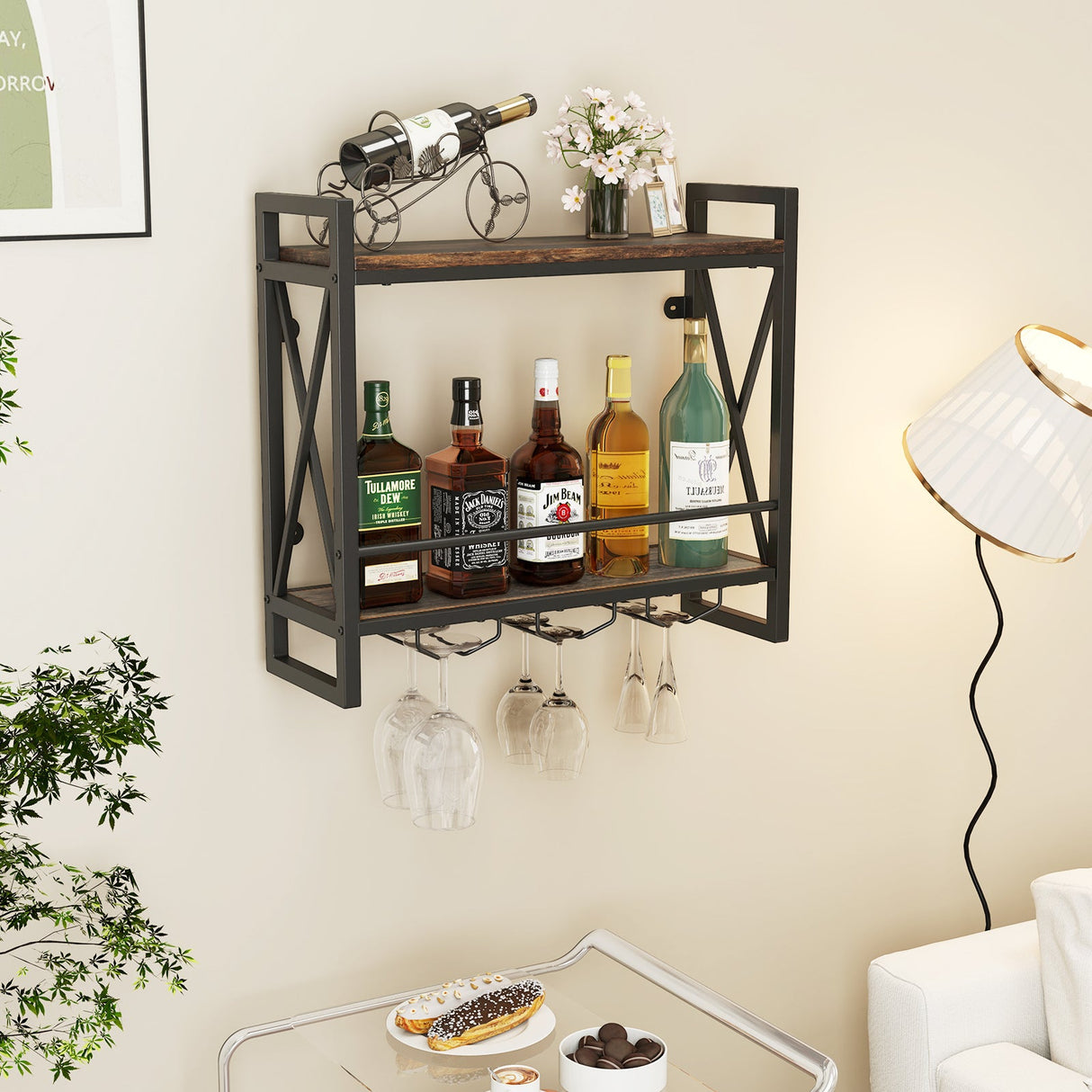 Botellero de pared con estantes de 2 niveles y 3 copas para colgar