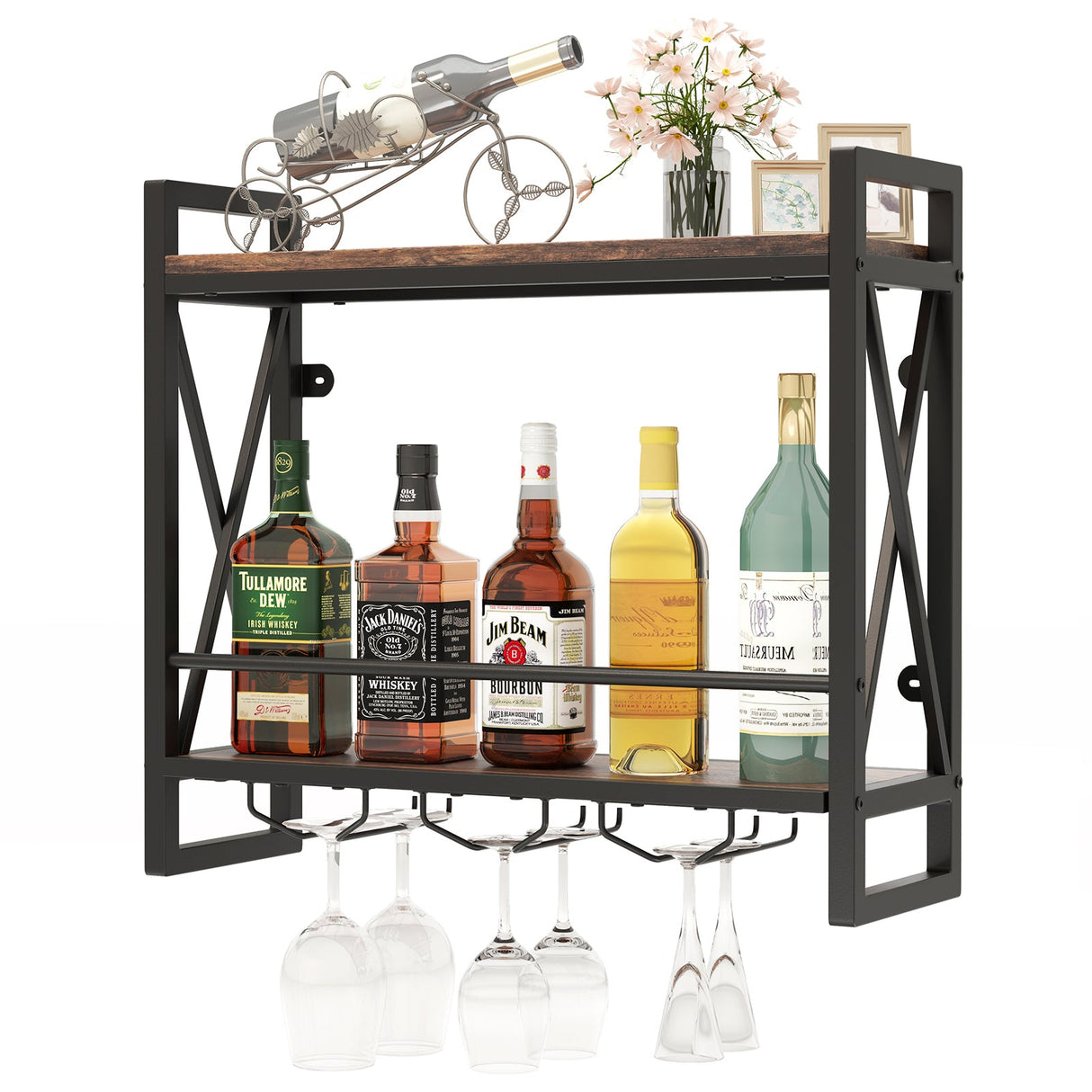 Botellero de pared con estantes de 2 niveles y 3 copas para colgar