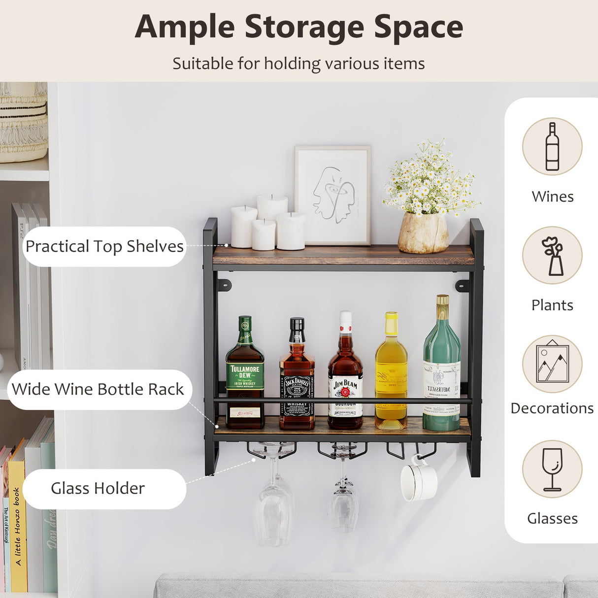 Botellero de pared con estantes de 2 niveles y 3 copas para colgar