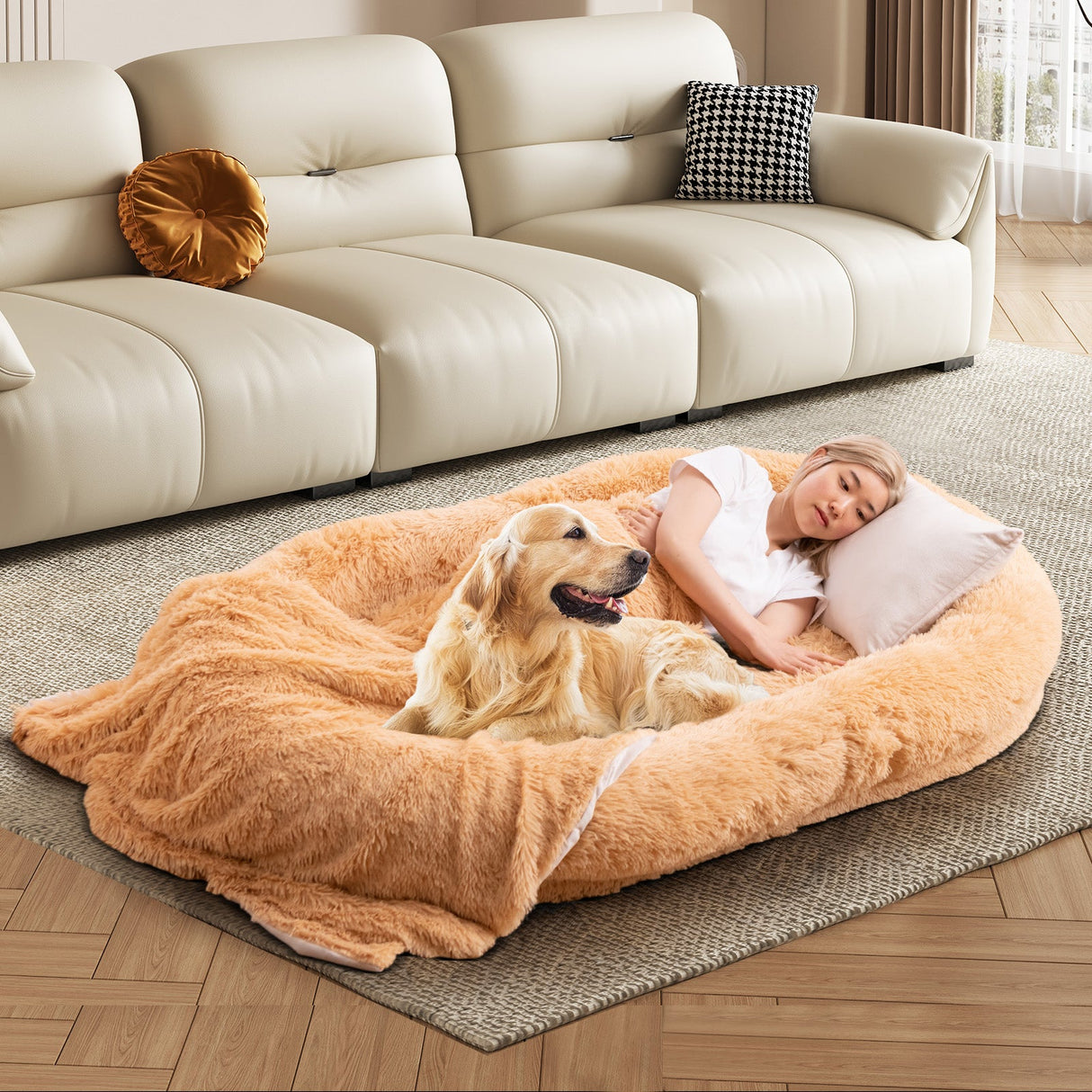 Cama Lavable y Esponjosa para Perros (Humanos) con Manta Suave y Almohada Mullida