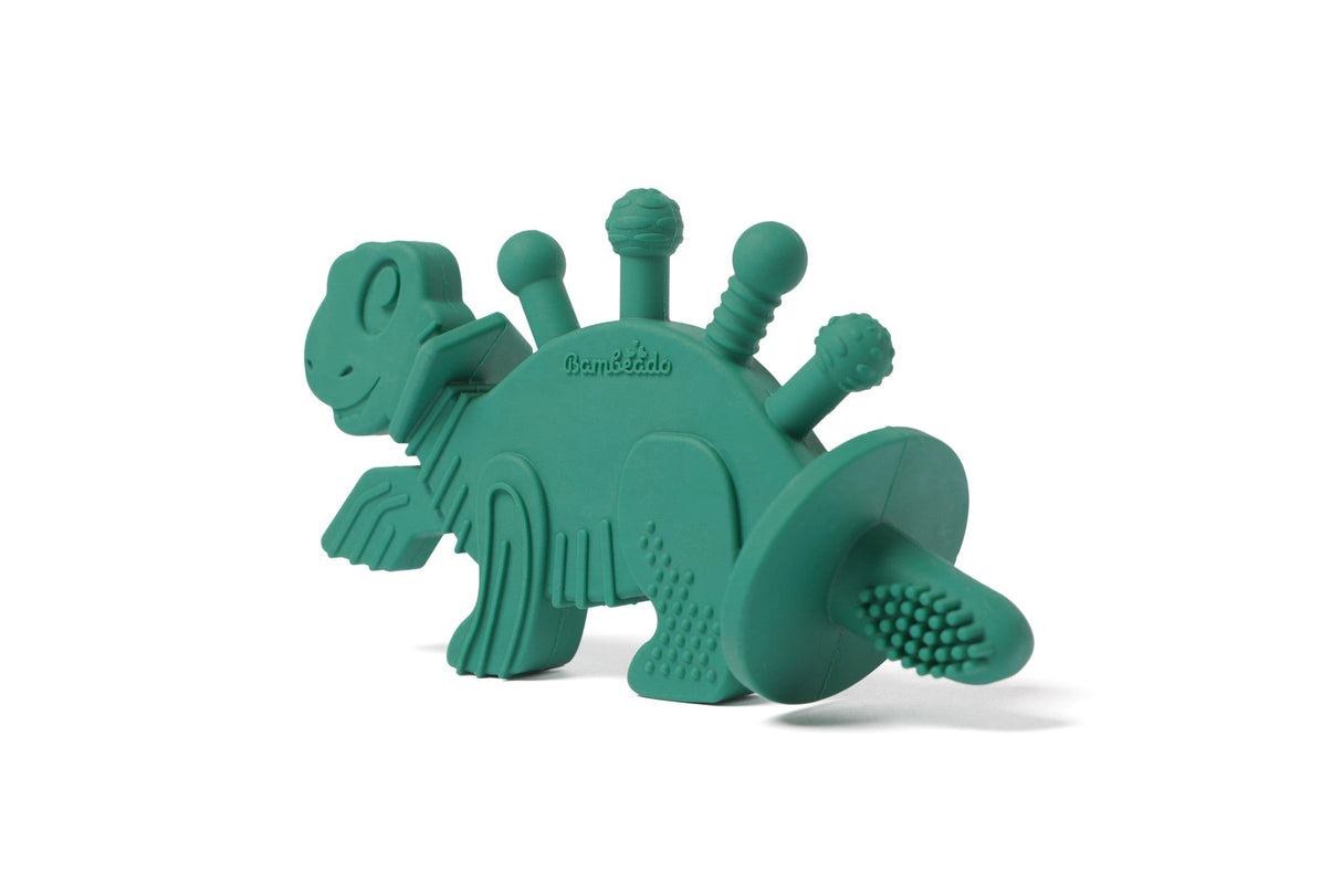 Dibly - Verde - Mordedor de dinosaurio de caucho natural y ámbar báltico con cola de cepillo de dientes
