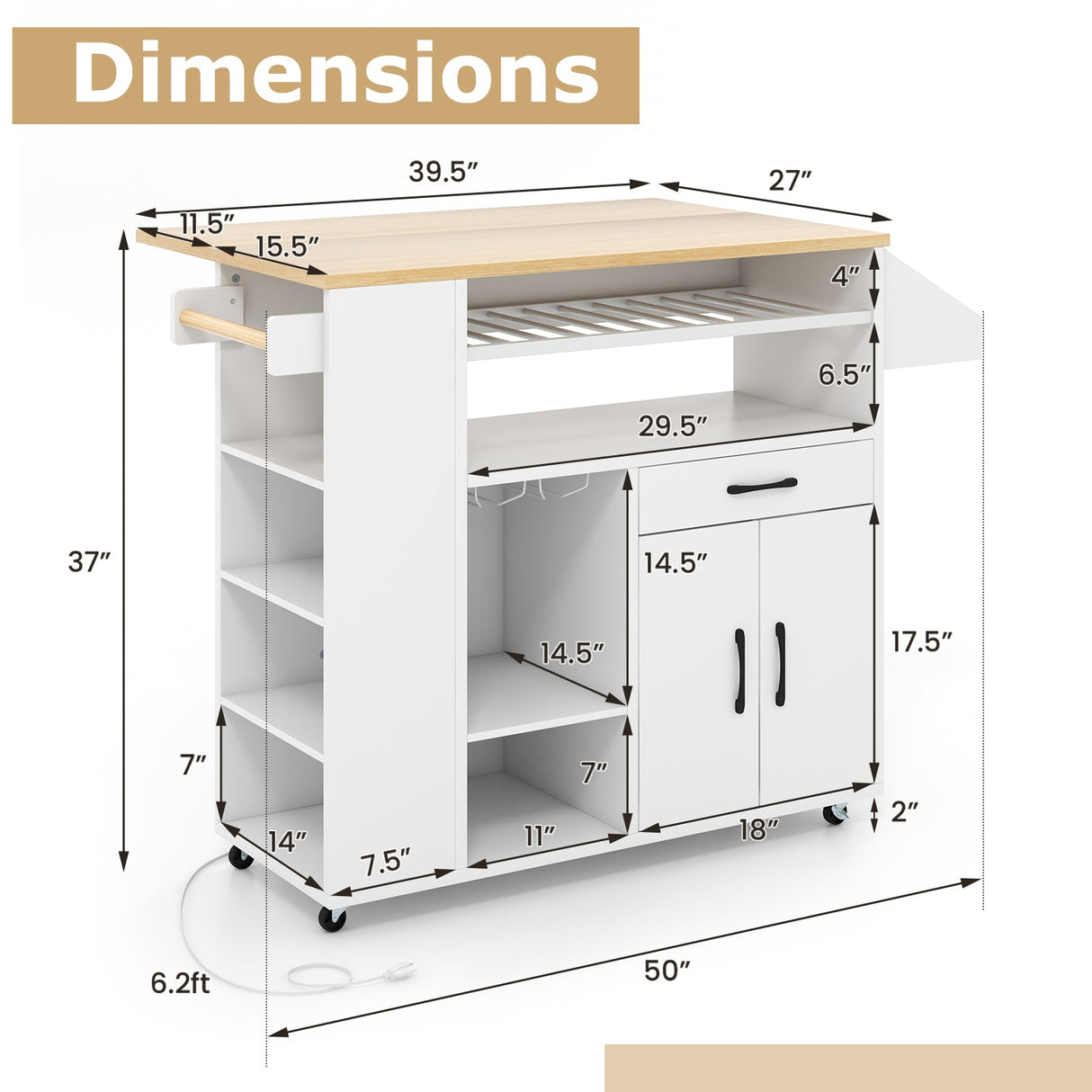 Carro de isla de cocina rodante con toma de corriente para comedor - Blanco y Natural