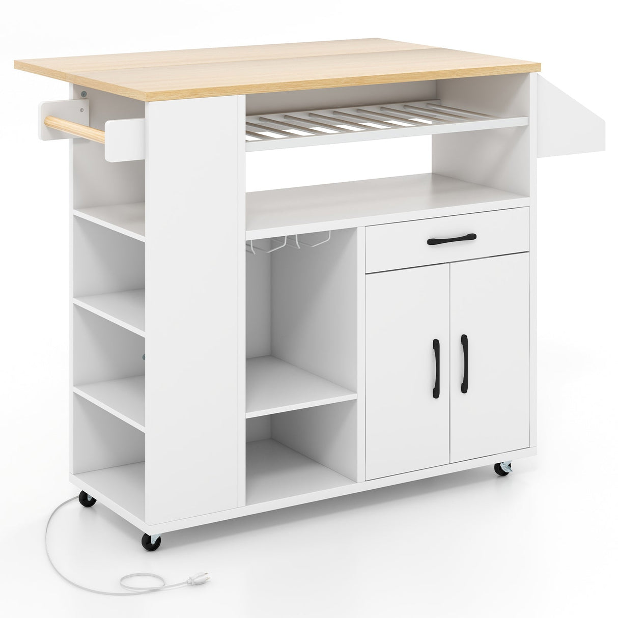 Carro de isla de cocina rodante con toma de corriente para comedor - Blanco y Natural