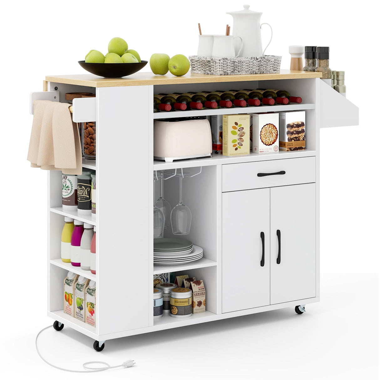 Carro de isla de cocina rodante con toma de corriente para comedor - Blanco y Natural