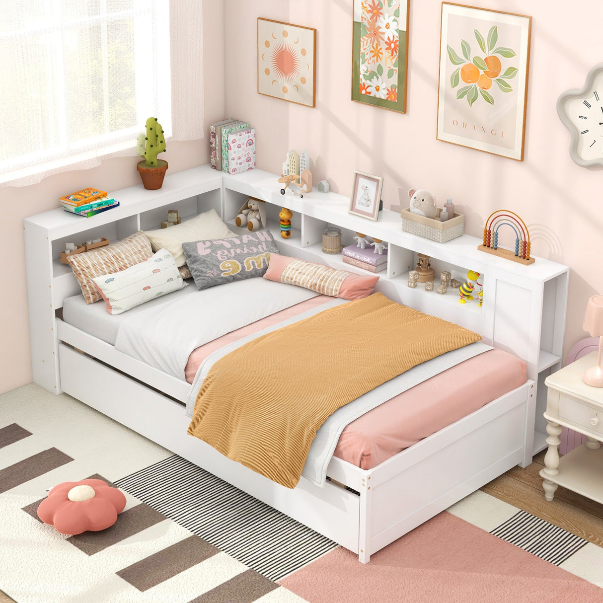 Estructura de cama individual tipo plataforma con nido y estantes laterales - Blanco