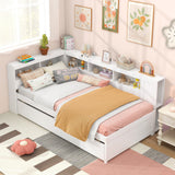 Estructura de cama individual tipo plataforma con nido y estantes laterales - Blanco