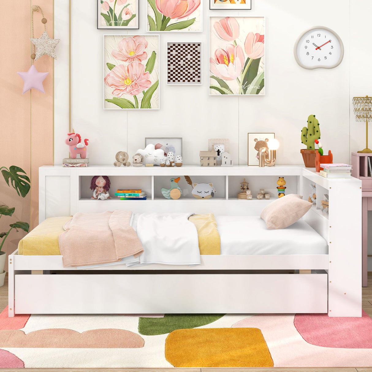 Estructura de cama individual tipo plataforma con nido y estantes laterales - Blanco
