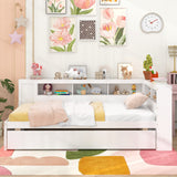 Estructura de cama individual tipo plataforma con nido y estantes laterales - Blanco