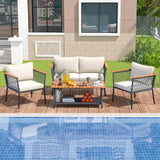 4 Piece Patio Rattan Furniture Set with 2-Tier Coffee Table-White
