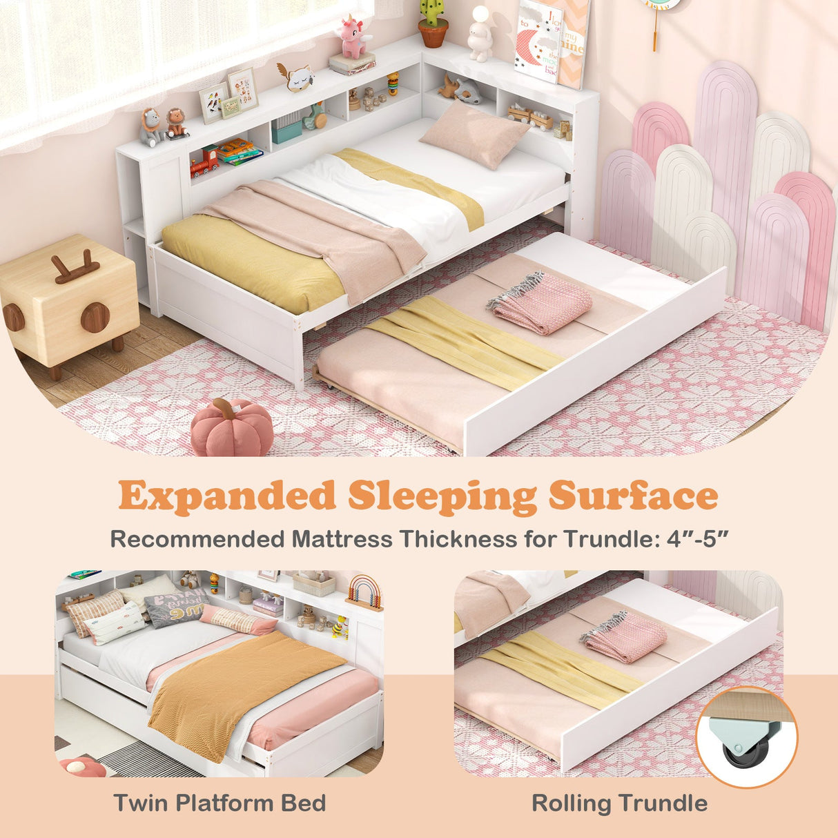 Estructura de cama individual tipo plataforma con nido y estantes laterales - Blanco