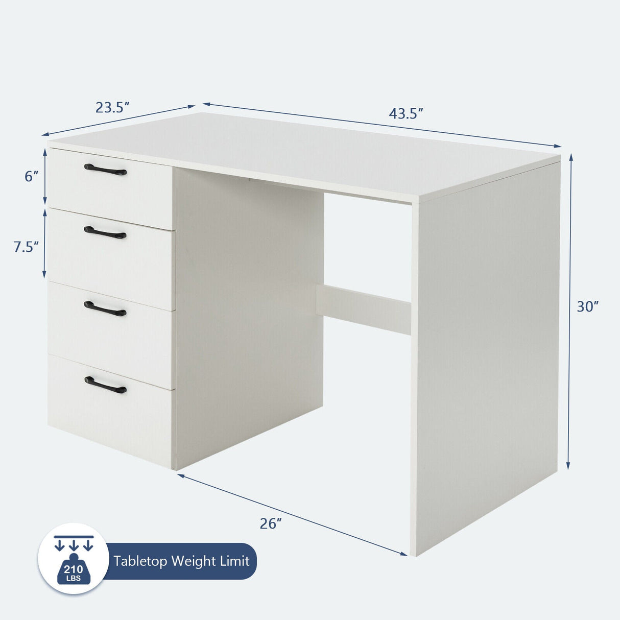 Escritorio de computadora de 43.5 pulgadas con 4 cajones grandes - Blanco