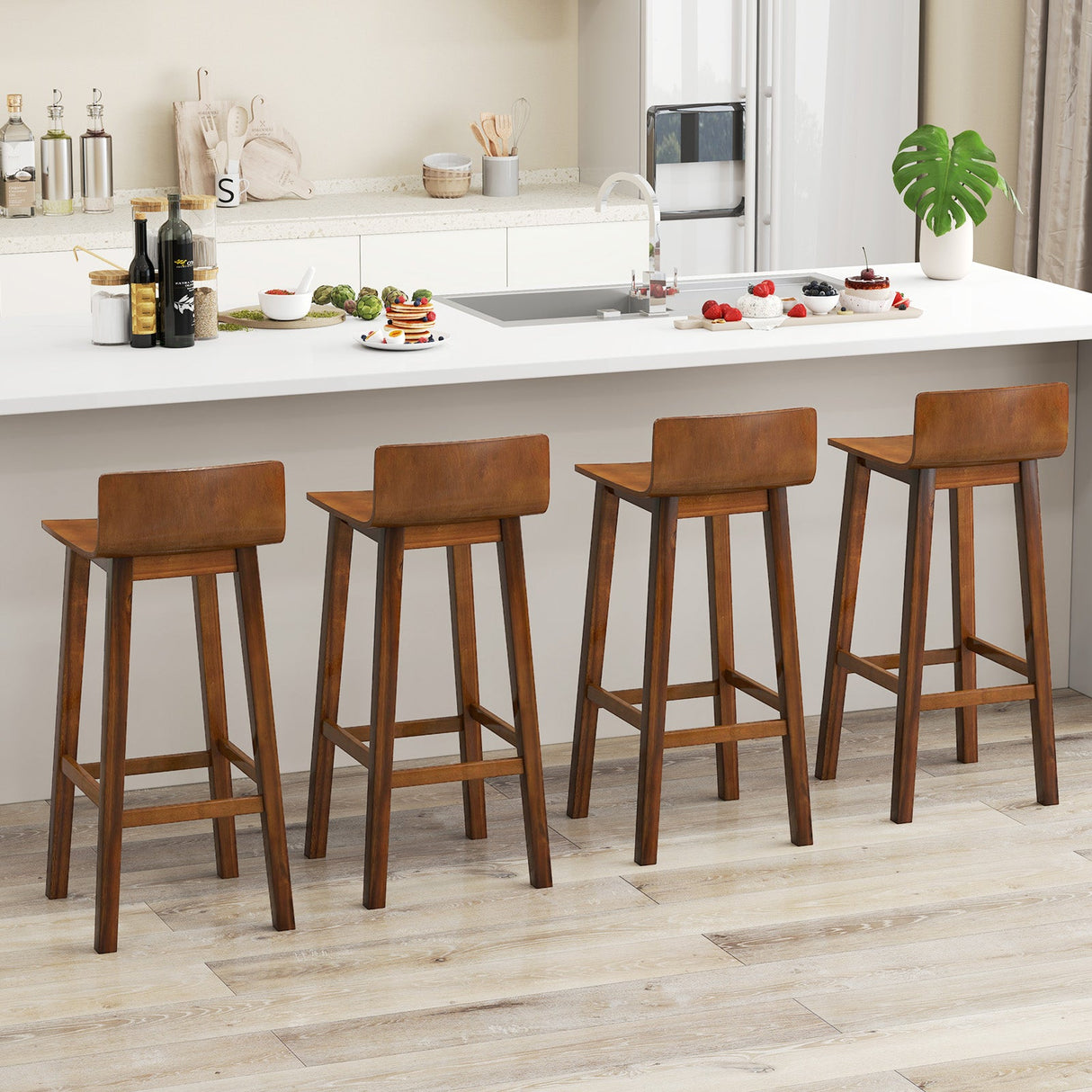 Juego de 2 taburetes de bar de madera de 29 pulgadas con respaldo y asiento sólidos - Nogal