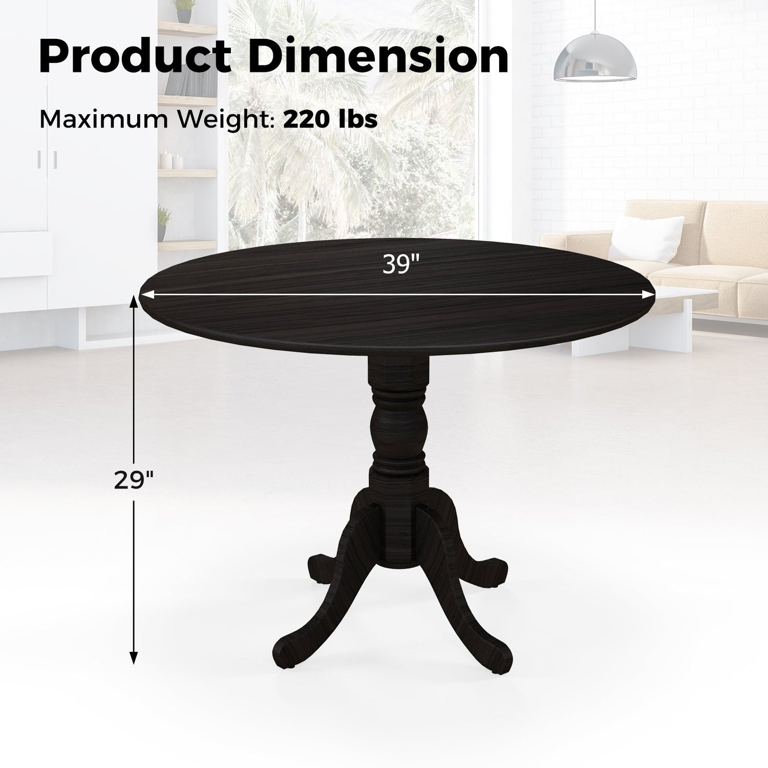 Mesa de comedor de madera con tablero redondo y patas de caballete curvadas