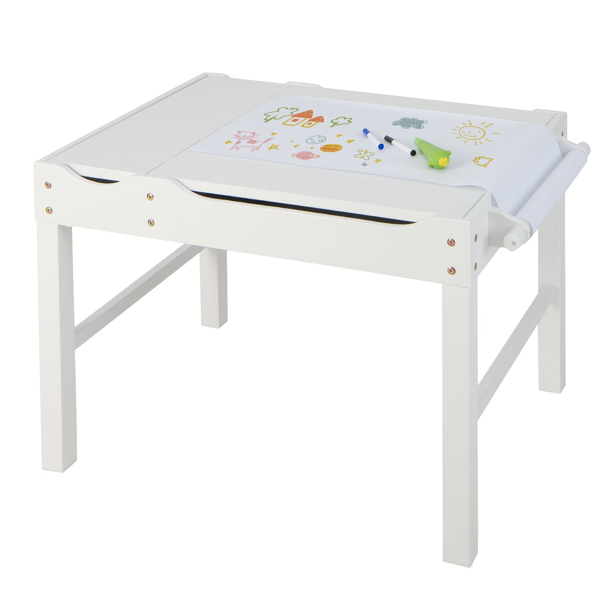 Mesa de actividades de madera multiusos para niños con rollo de papel y almacenamiento