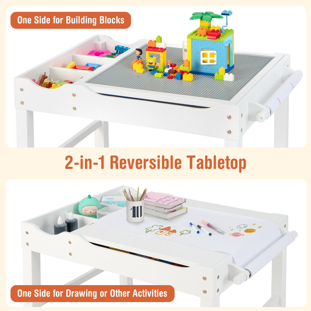 Mesa de actividades de madera multiusos para niños con rollo de papel y almacenamiento