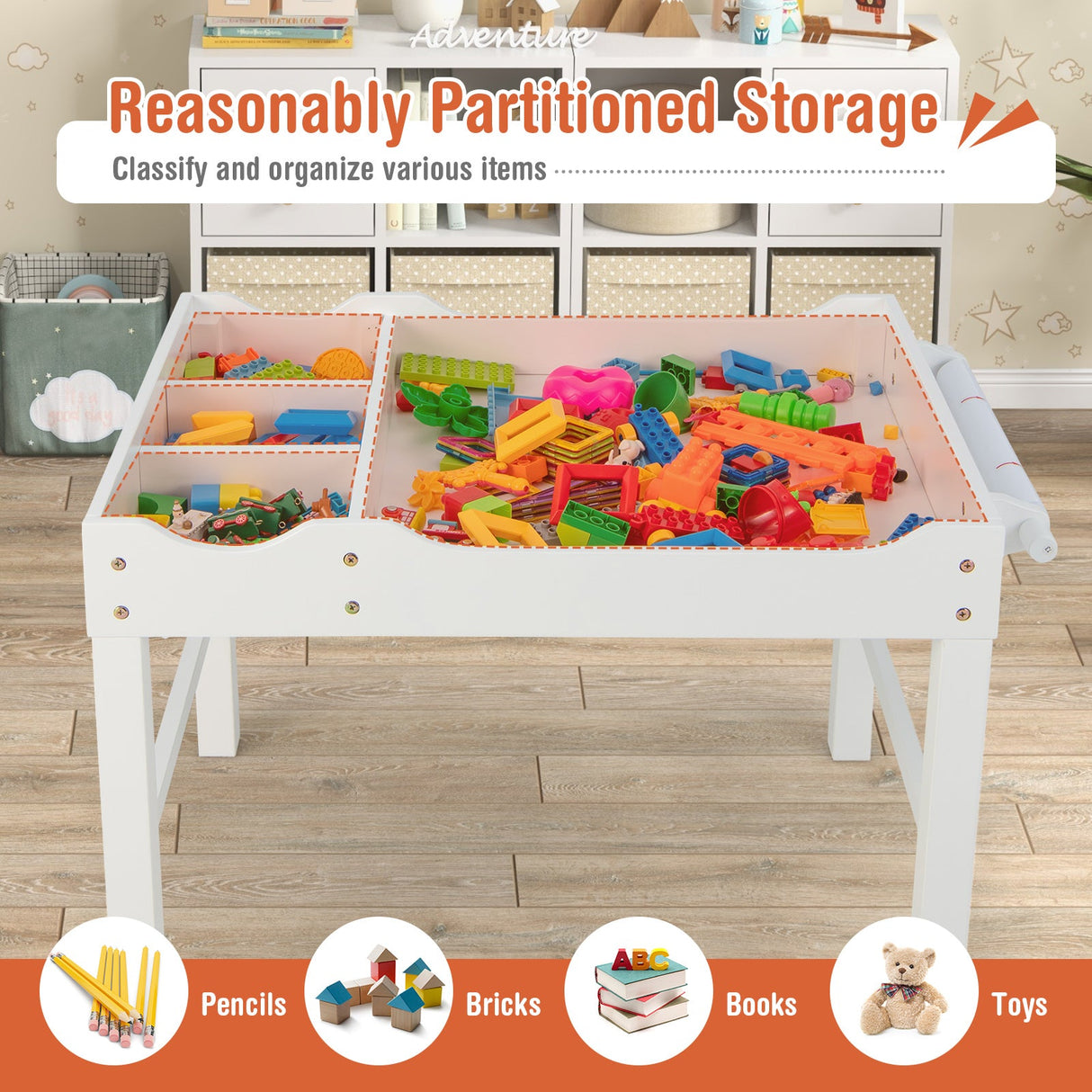 Mesa de actividades de madera multiusos para niños con rollo de papel y almacenamiento