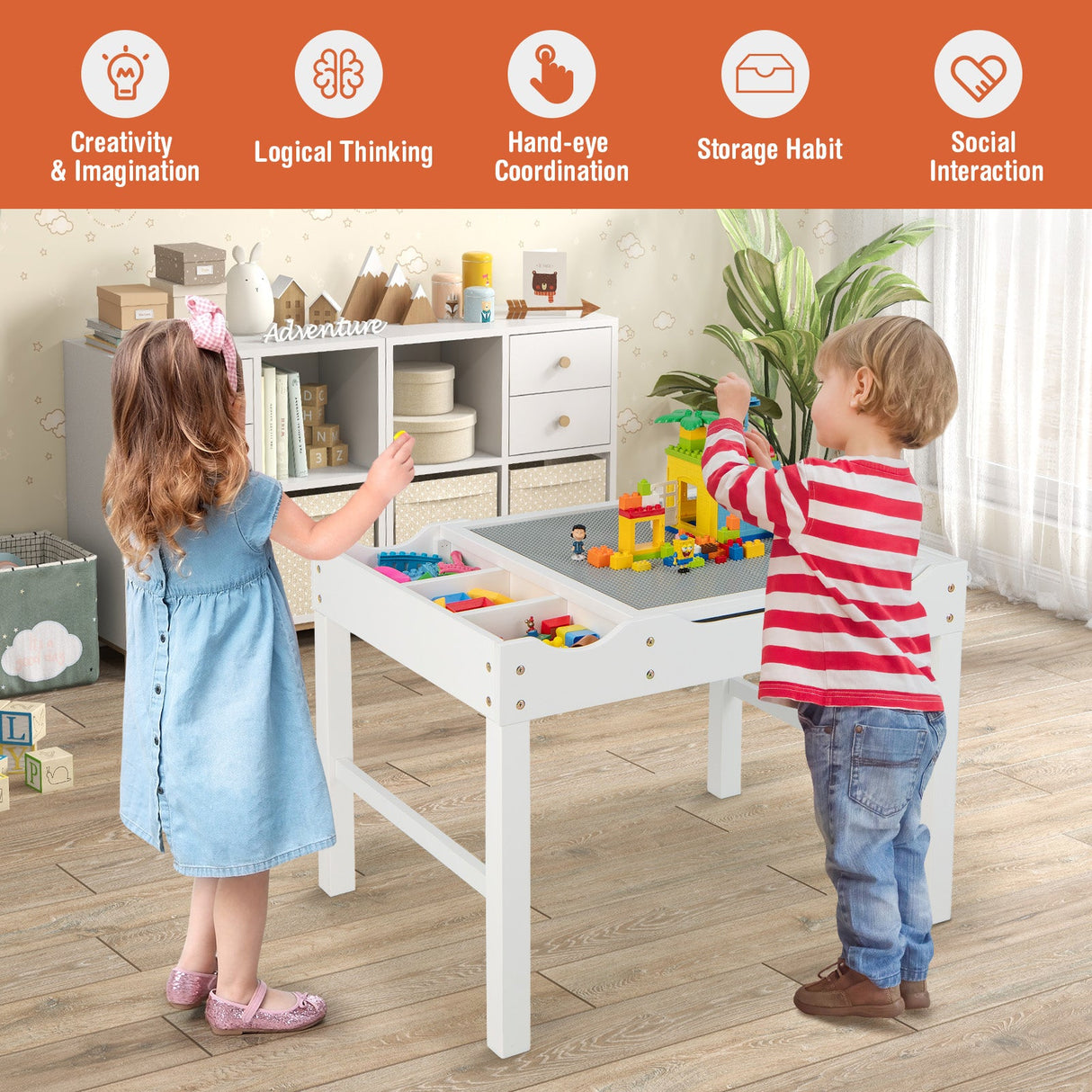 Mesa de actividades de madera multiusos para niños con rollo de papel y almacenamiento
