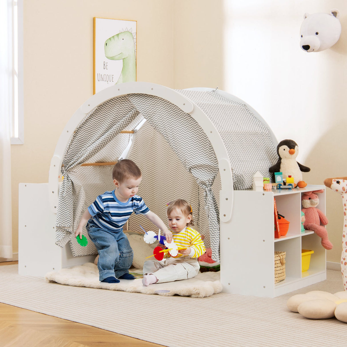 Tienda de juegos de madera para niños con cortinas y 8 cubículos - Blanca