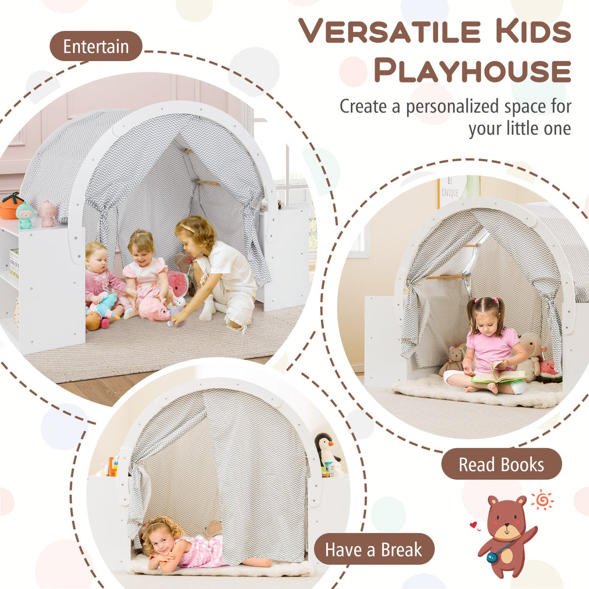 Tienda de juegos de madera para niños con cortinas y 8 cubículos - Blanca