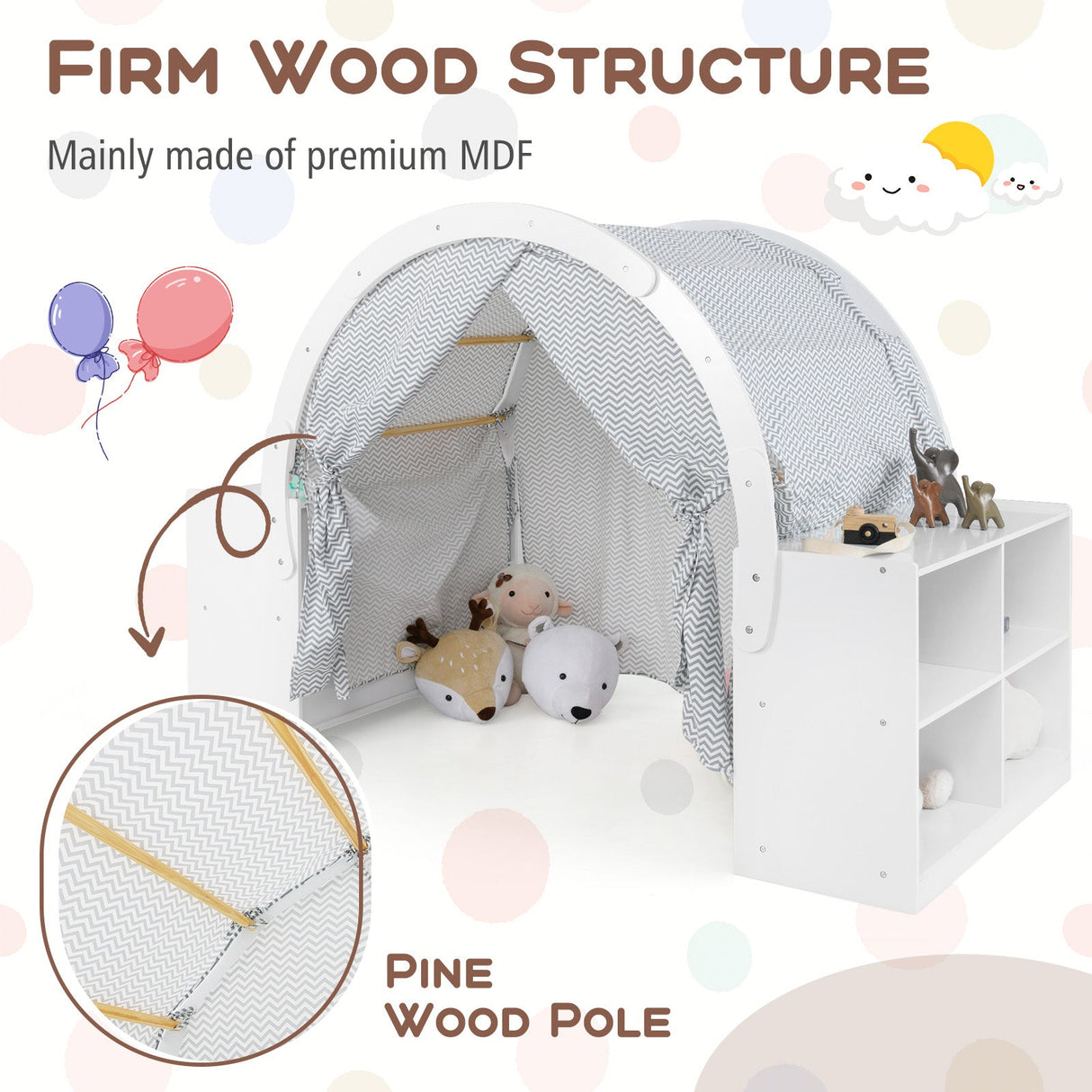 Tienda de juegos de madera para niños con cortinas y 8 cubículos - Blanca