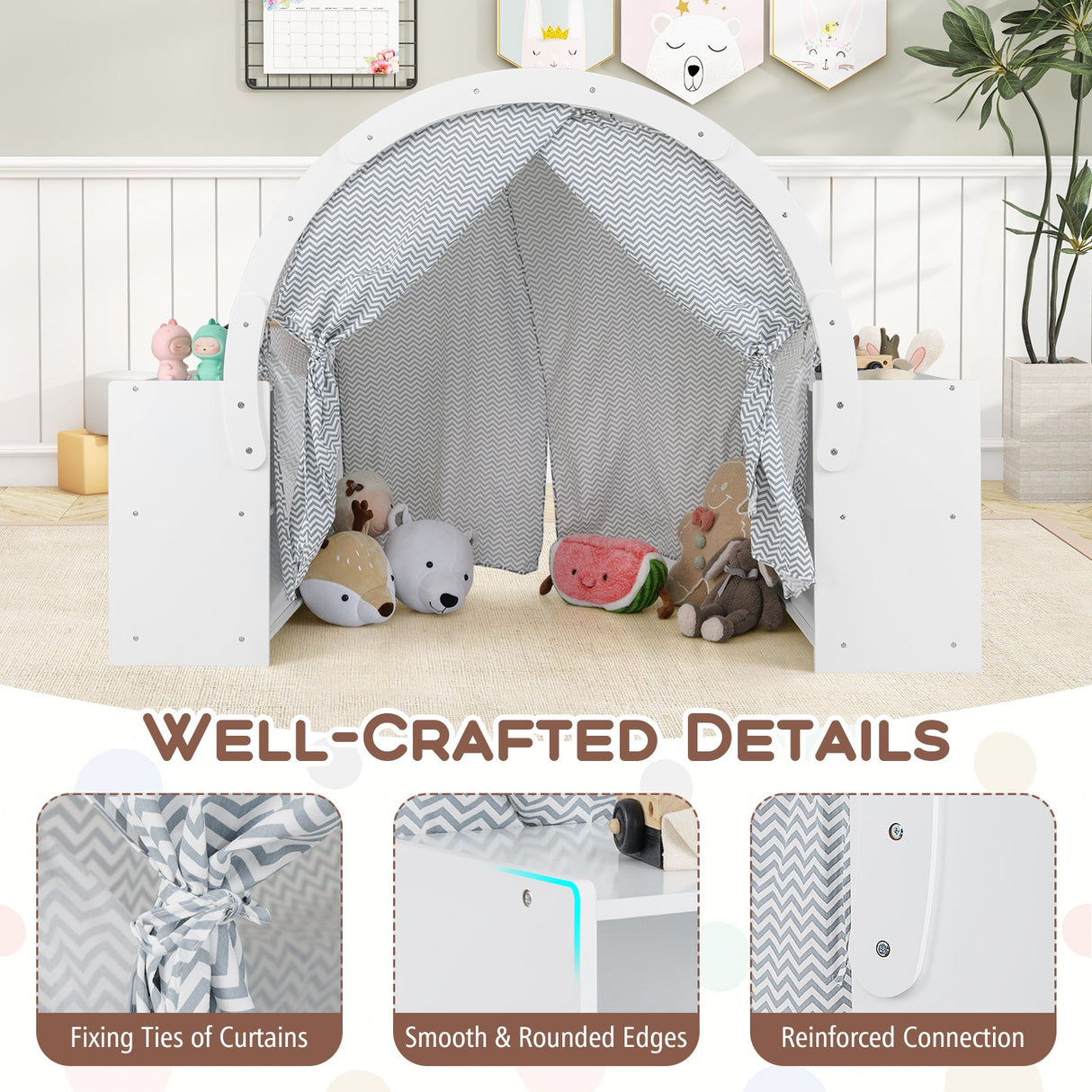 Tienda de juegos de madera para niños con cortinas y 8 cubículos - Blanca