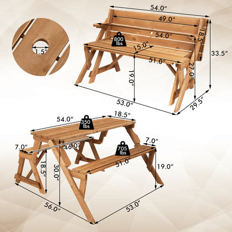 Mesa de picnic de madera transformable 2 en 1 intercambiable con orificio para sombrilla - Marrón oscuro