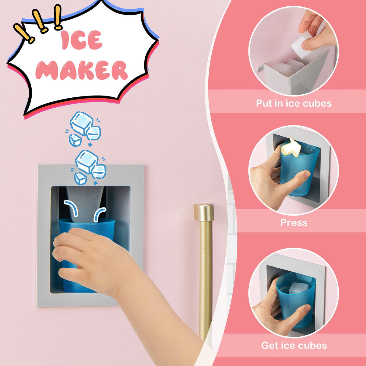 Cocina de juguete de madera con máquina de hielo, extractor y pizarra - Rosa