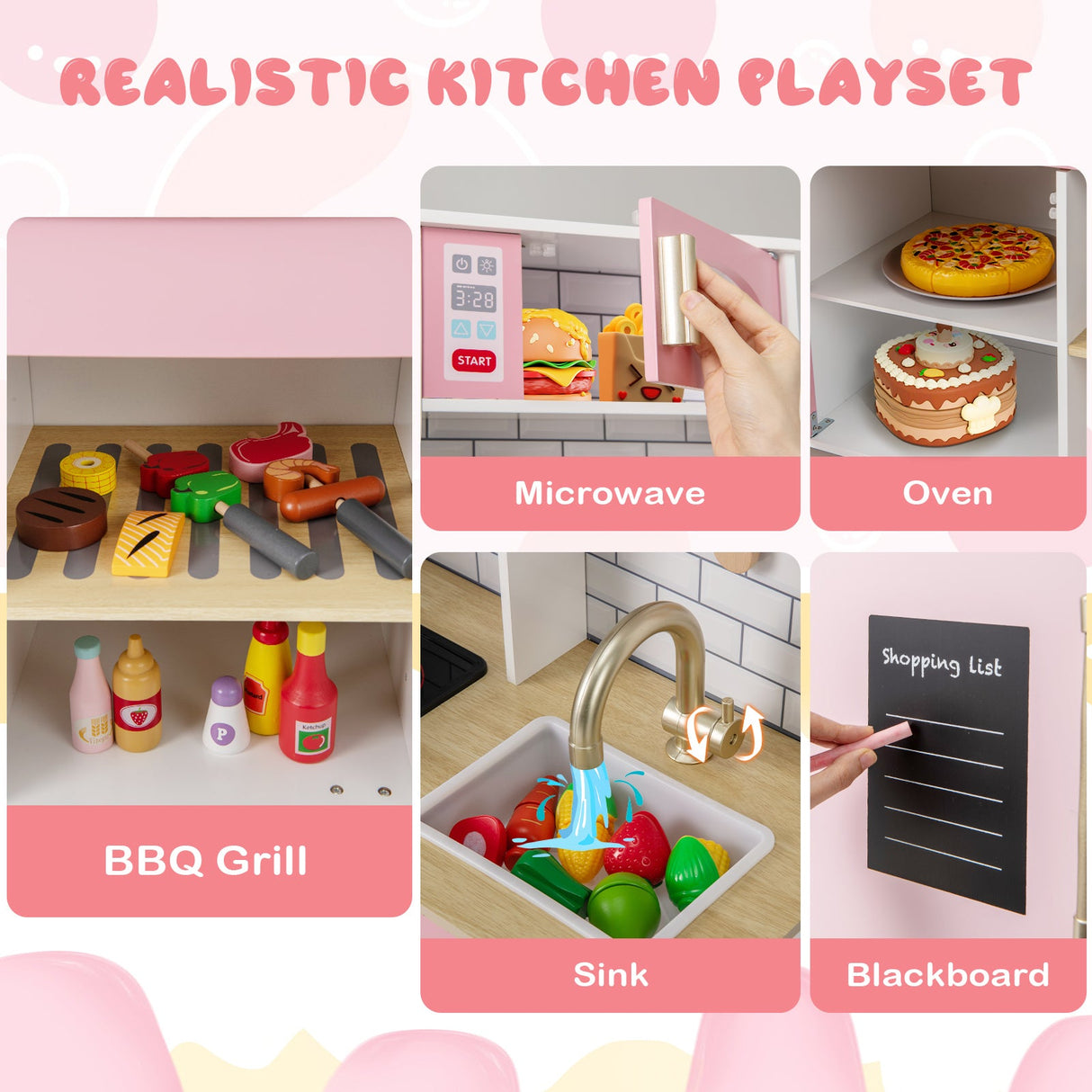 Cocina de juguete de madera con máquina de hielo, extractor y pizarra - Rosa