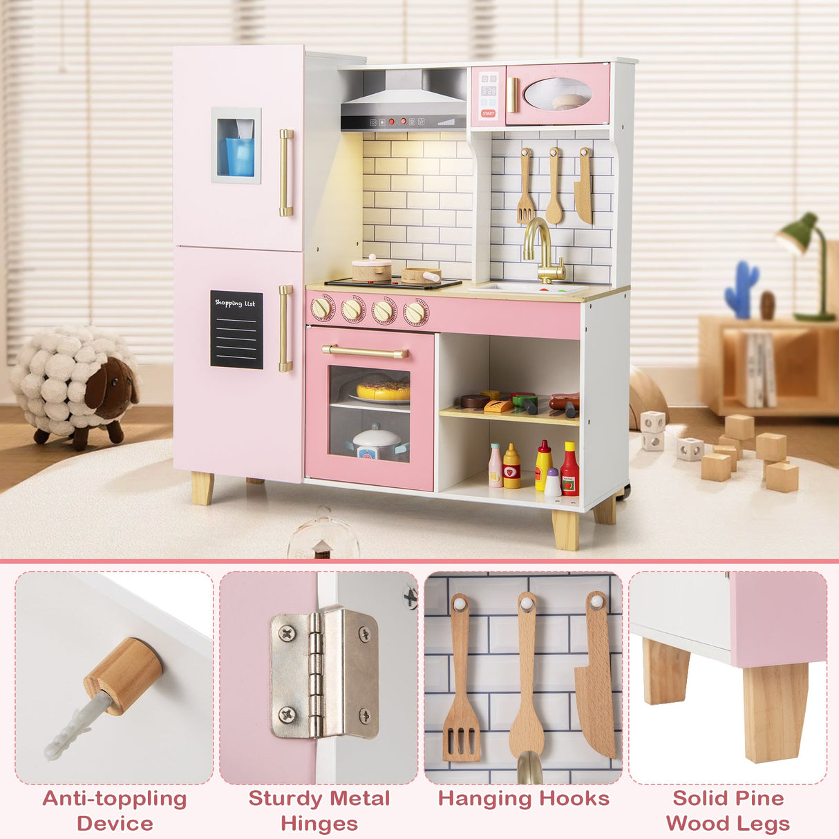Cocina de juguete de madera con máquina de hielo, extractor y pizarra - Rosa