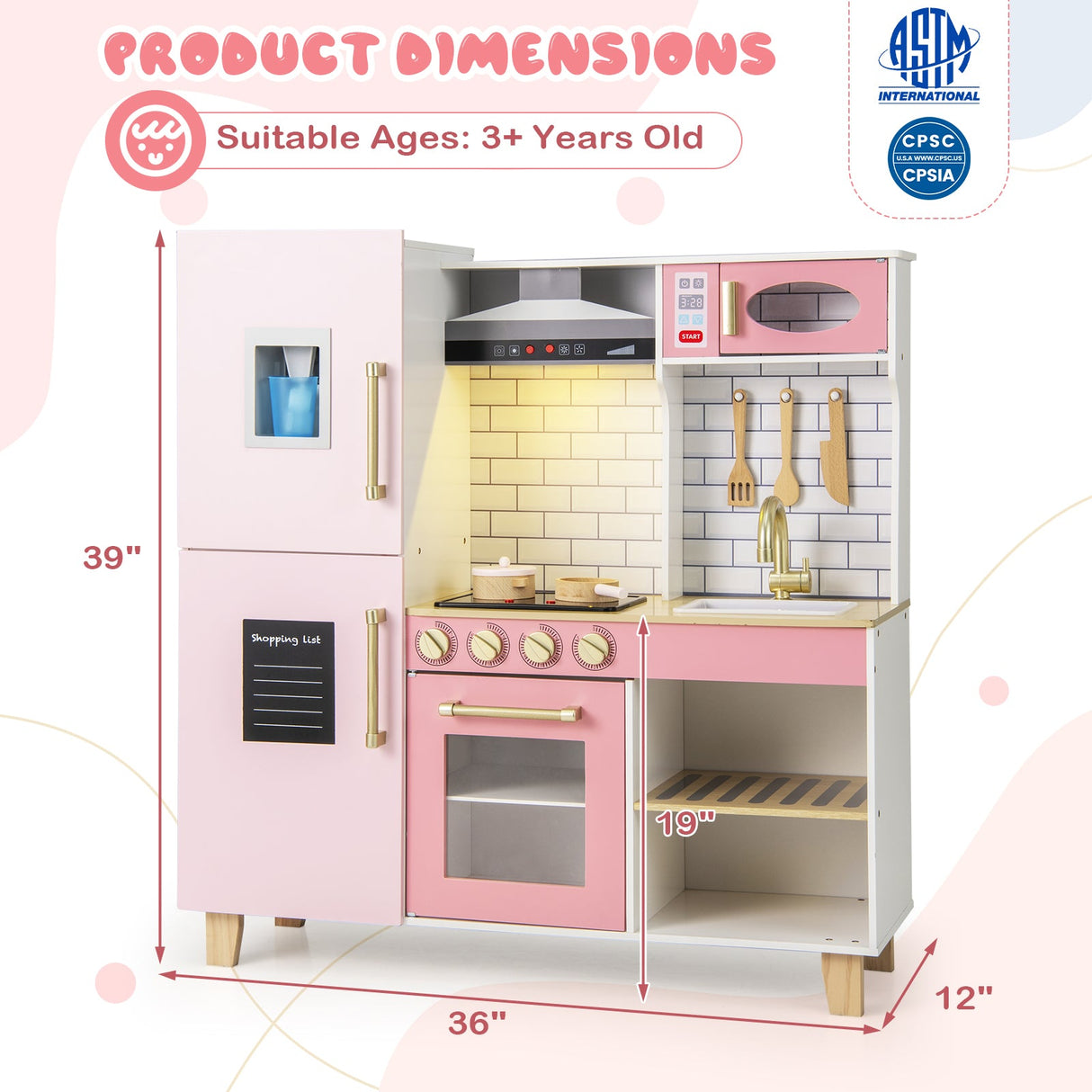 Cocina de juguete de madera con máquina de hielo, extractor y pizarra - Rosa