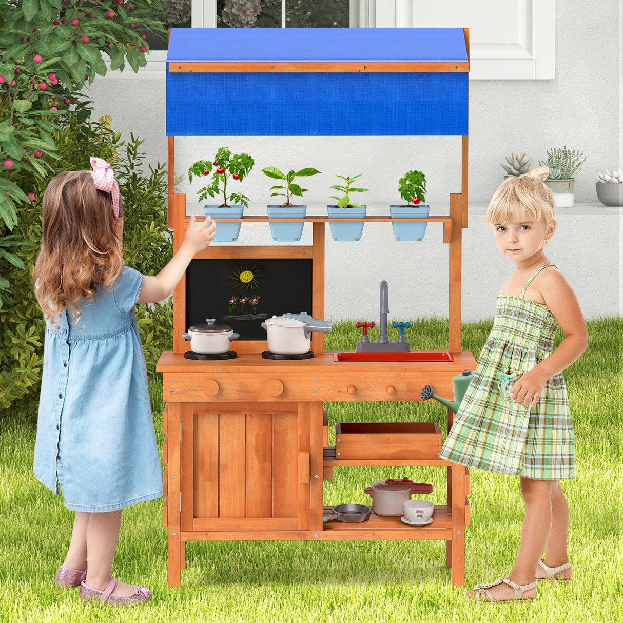 Cocina de juguete de madera con toldo de altura ajustable para niños - Natural