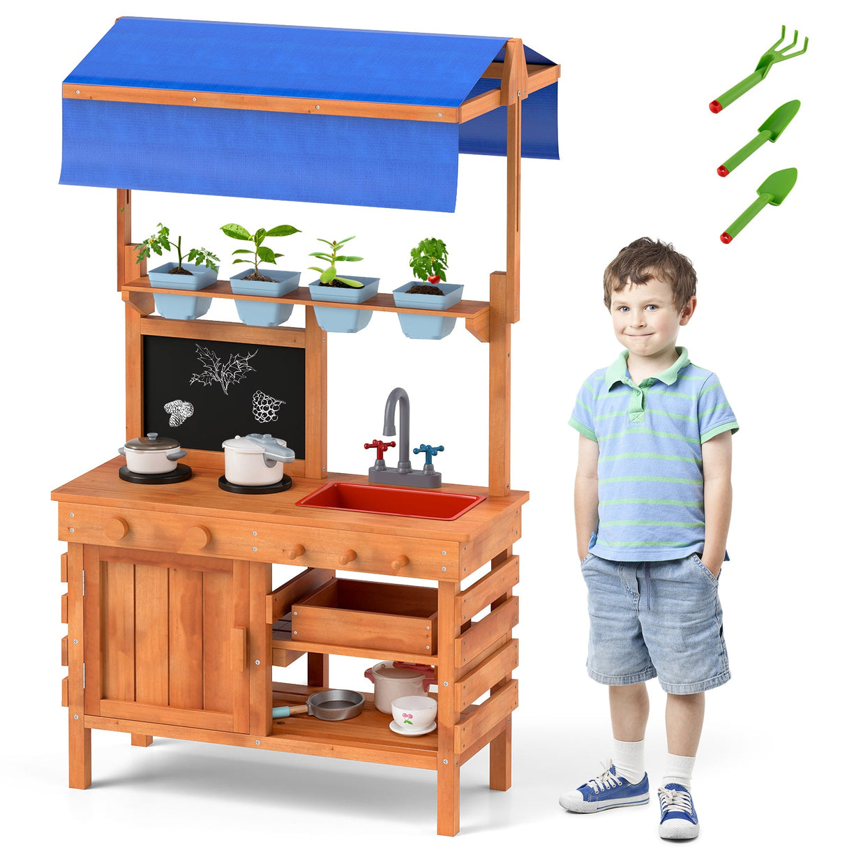 Cocina de juguete de madera con toldo de altura ajustable para niños - Natural