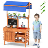 Cocina de juguete de madera con toldo de altura ajustable para niños - Natural