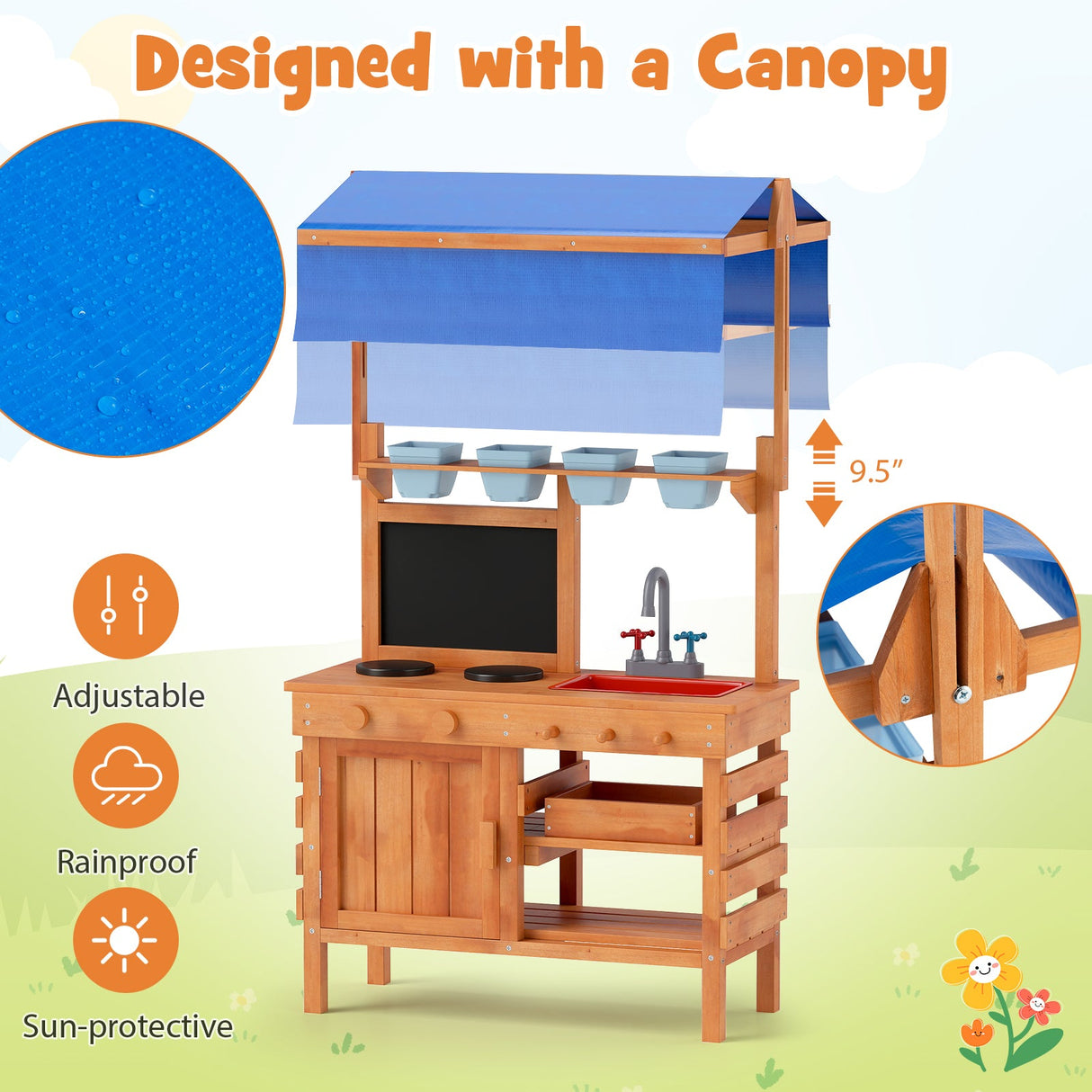 Cocina de juguete de madera con toldo de altura ajustable para niños - Natural