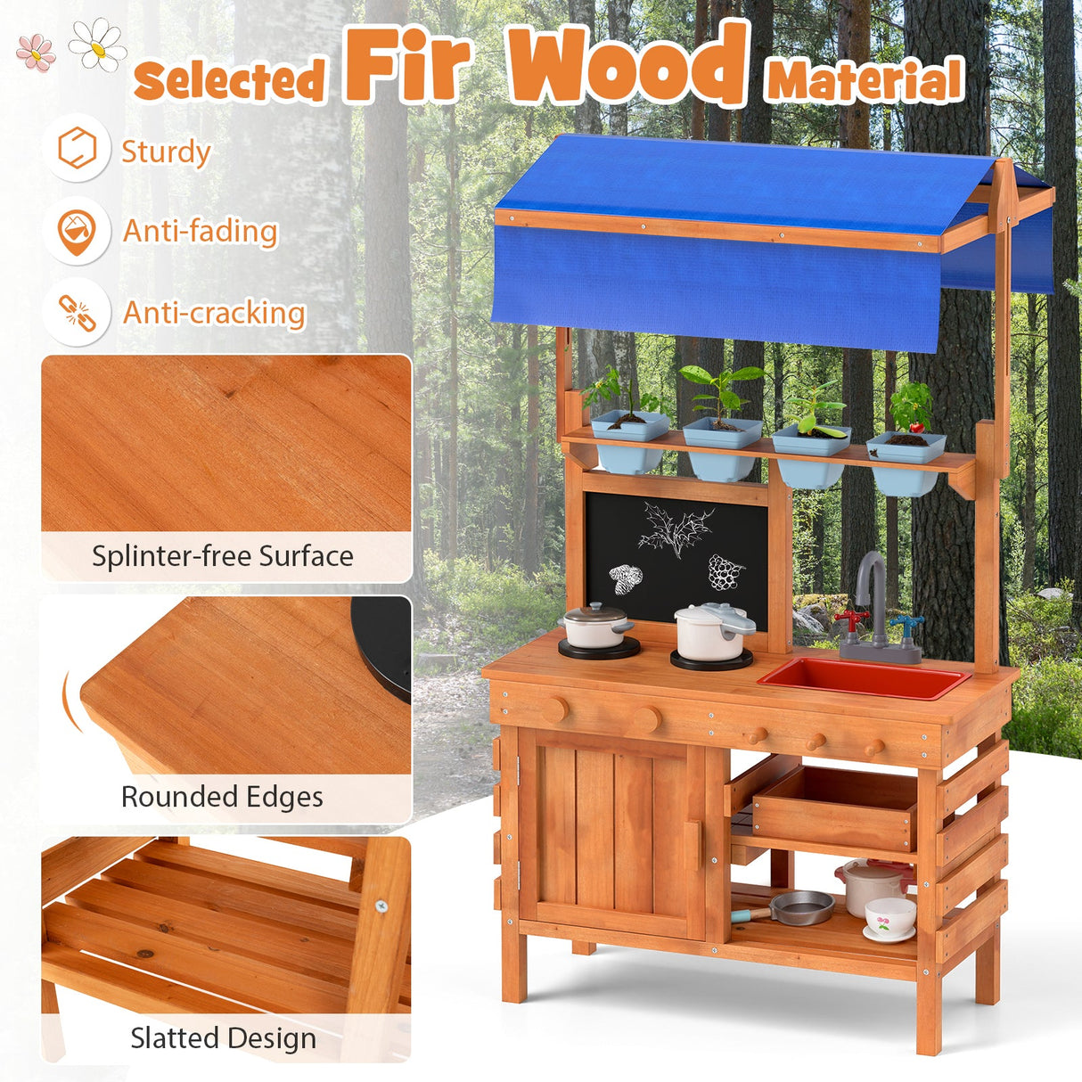 Cocina de juguete de madera con toldo de altura ajustable para niños - Natural