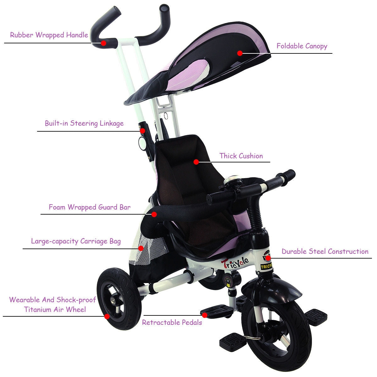 Triciclo Cochecito de Aprendizaje 4 en 1 Desmontable para Bebé con Toldo y Bolso - Rosa