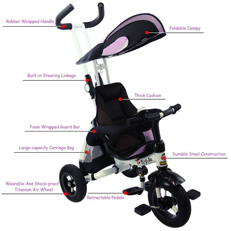 Triciclo Cochecito de Aprendizaje 4 en 1 Desmontable para Bebé con Toldo y Bolso - Rosa