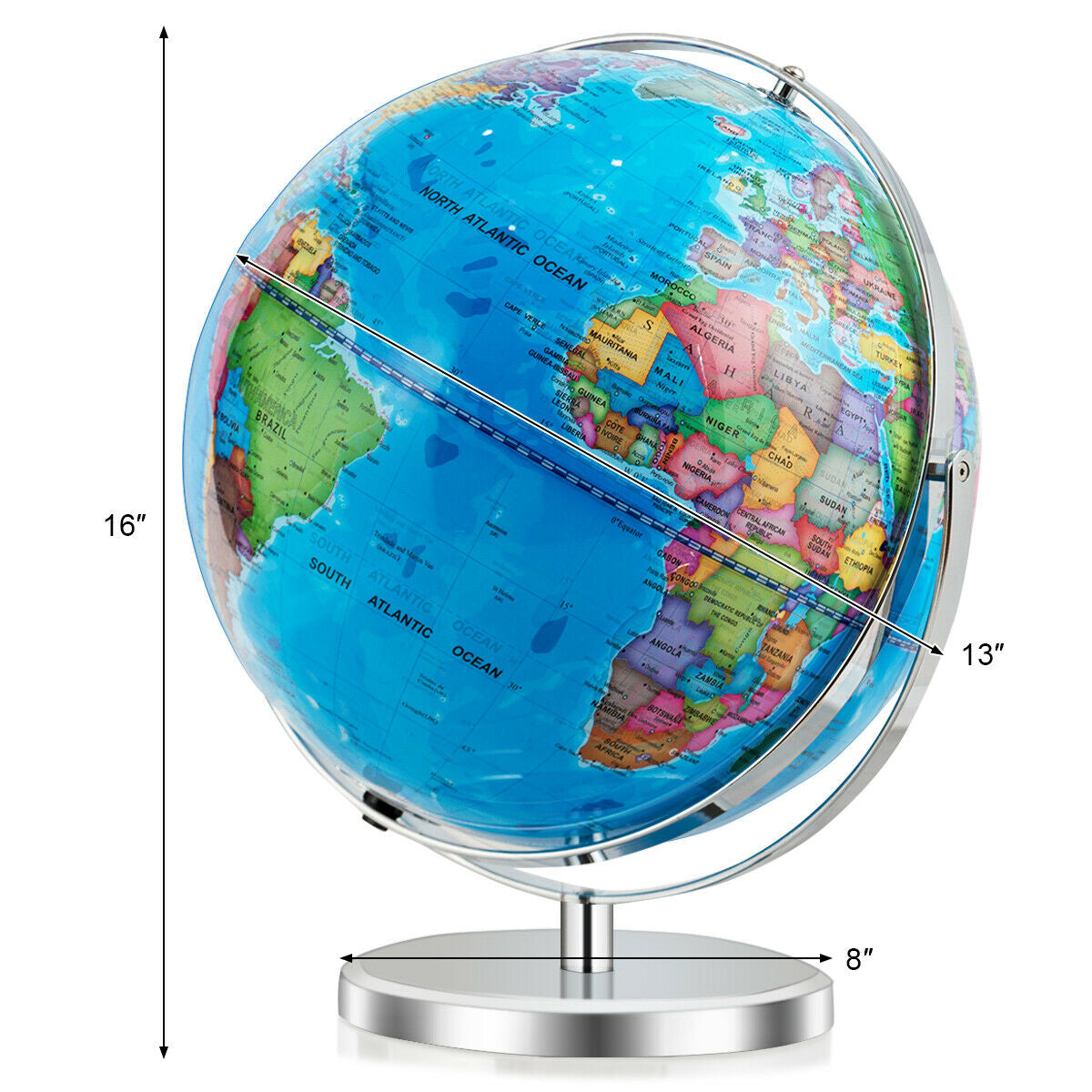 Globo terráqueo iluminado de 13 pulgadas, mapa giratorio 720° con luz LED
