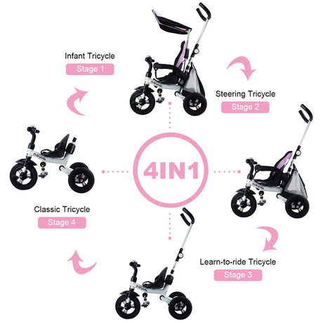 Triciclo Cochecito de Aprendizaje 4 en 1 Desmontable para Bebé con Toldo y Bolso - Rosa