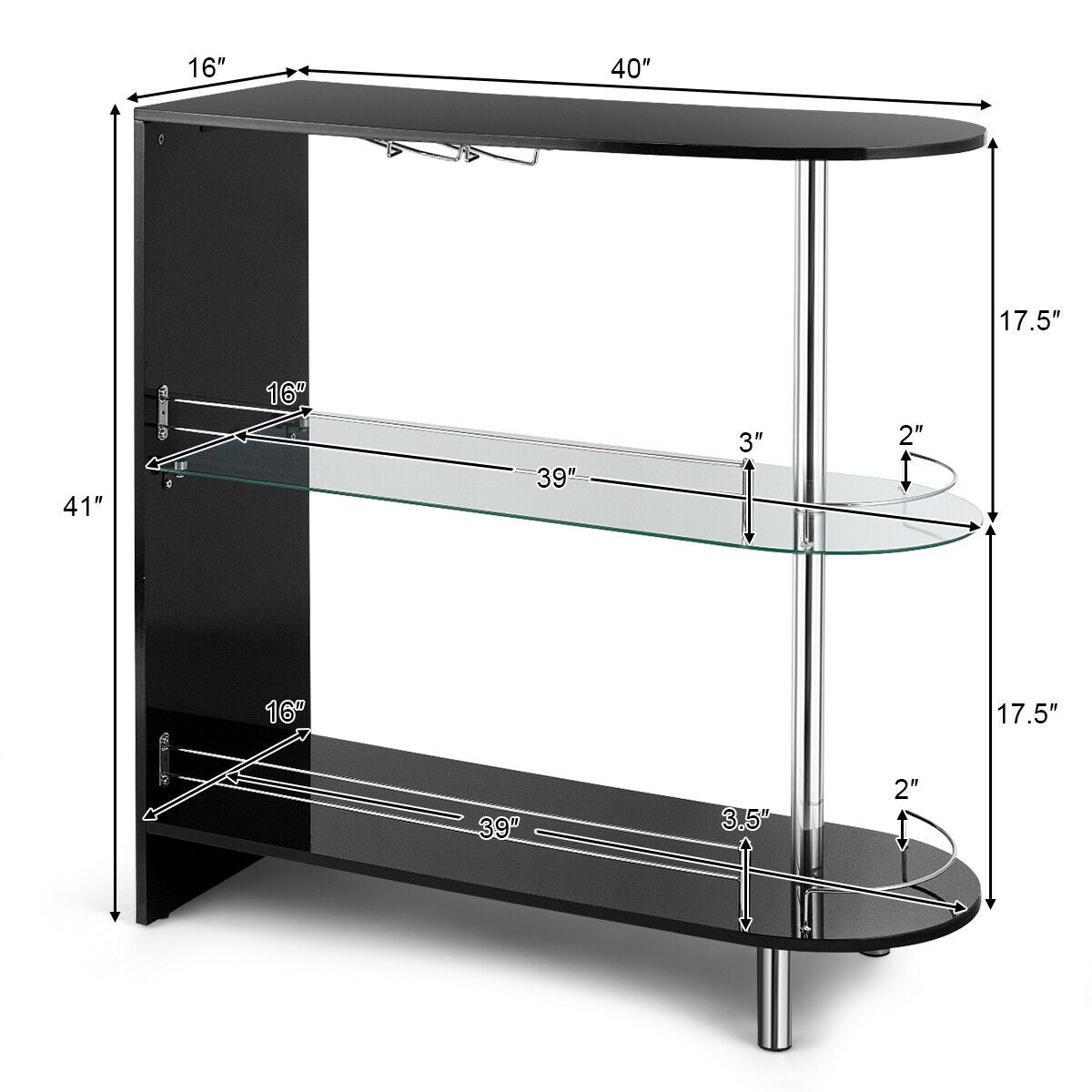 Mesa de bar de 2 portavasos con estante de vidrio templado