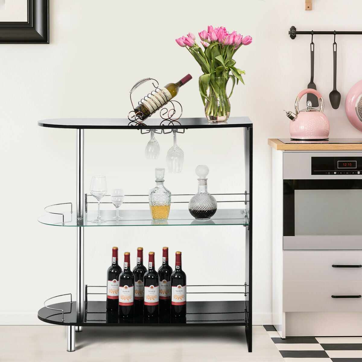 Mesa de bar de 2 portavasos con estante de vidrio templado